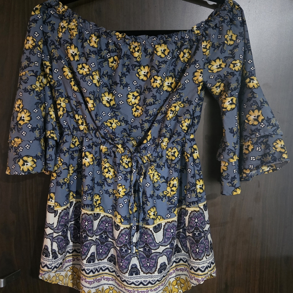 Blush Blue and Yellow Flutter Sleeve Dress